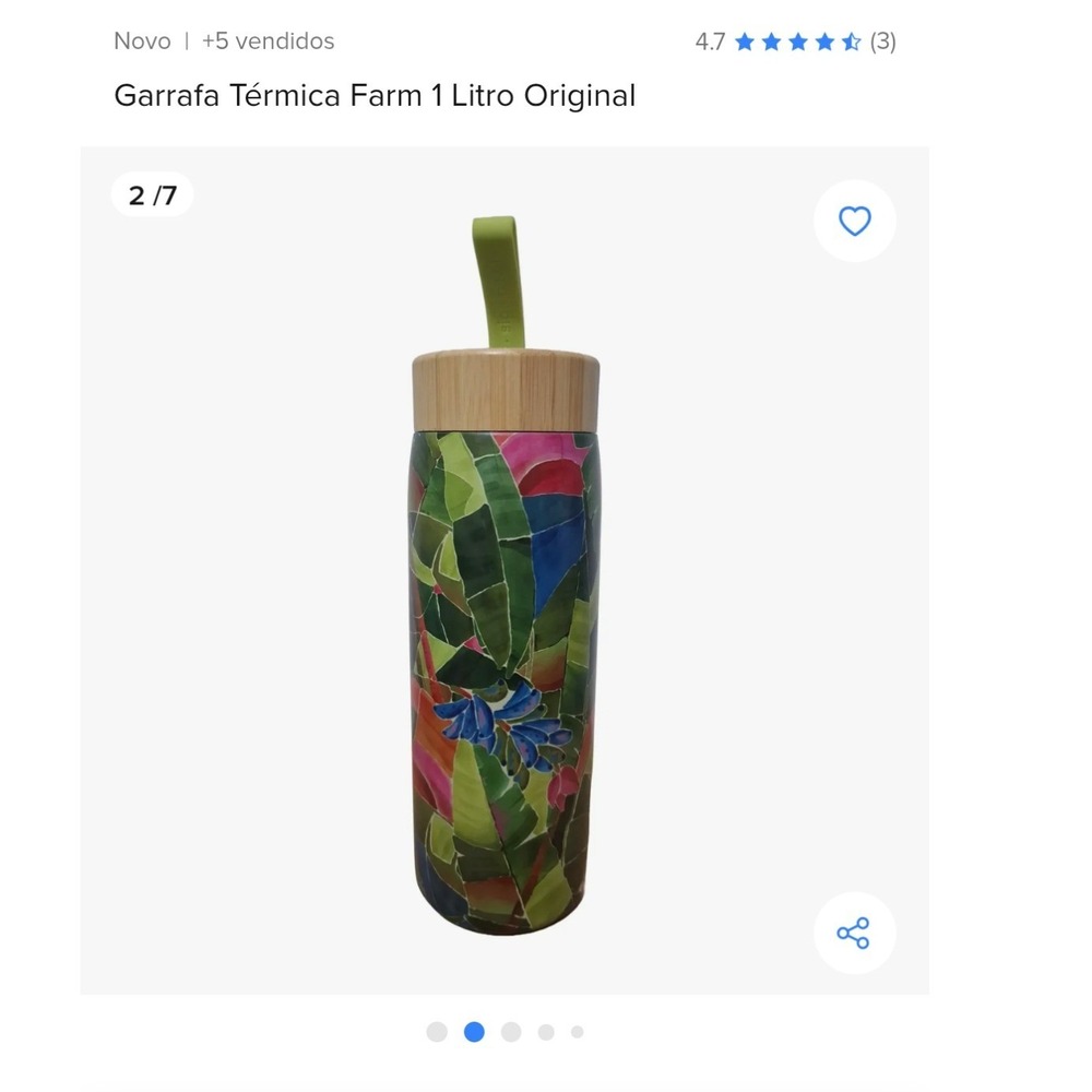 Farm Rio Tropical Mosaic Insulated Water Bottle 1L Stainless Steel Bamboo Lid‎